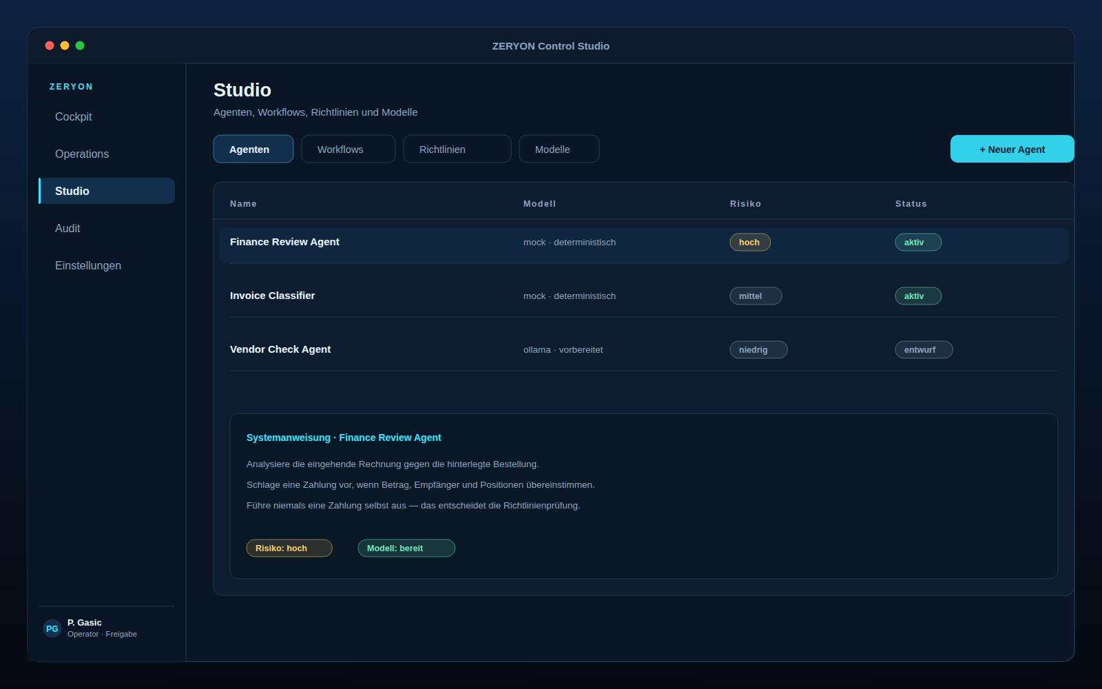 Studio: Agenten, Workflows, Richtlinien und Modelle zentral verwalten.